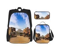 BAAROO Juego de 3 mochilas con temática de West Cowboys Wild West Ghost Town Street Edificios de madera rústica Bolsa de libros Viaje Trabajo Schoo, color, 5.0cm*10.5cm*20.5cm, Estuche para lápices