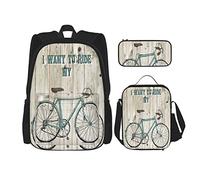 BAAROO Juego de 3 mochilas con texto en inglés "I Want to Ride A Blue Bicycle Image of A Rustic Wooden Bicycle Book Bag Travel Camping Work School", color, 5.0cm*10.5cm*20.5cm, Estuche para lápices