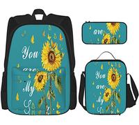 BAAROO Juego de 3 mochilas con texto en inglés "You are My Sunshine", girasoles y mariposas, color verde azulado, estuche para lápices y lonchera, color, 5.0cm*10.5cm*20.5cm, Estuche para lápices