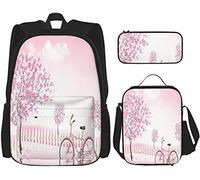 BAAROO Juego de 3 mochilas de bicicleta en campo romántico árbol de cerezo liso valla de madera para niñas bolsa escolar estuche almuerzo, color, 5.0cm*10.5cm*20.5cm, Estuche para lápices