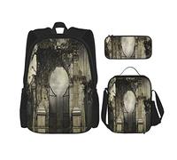 BAAROO Juego de 3 mochilas de paisaje oscuro con una puerta de jardín gótico con vides en un bosque ilustración 3D bolsa de viaje trabajo Scho, color, 5.0cm*10.5cm*20.5cm, Estuche para lápices