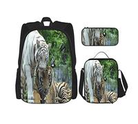 BAAROO Juego de 3 mochilas de tigres de animales blanco y negro bolsa de viaje camping trabajo escuela bolsa lápiz estuche bolsa de almuerzo Combin, color, 5.0cm*10.5cm*20.5cm, Estuche para lápices