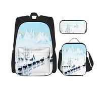BAAROO Juego de 3 mochilas Husky Polo Norte montañas nevadas perro trineo libro bolsa viaje camping trabajo escuela bolsa lápiz caso LUN, color, 5.0cm*10.5cm*20.5cm, Estuche para lápices