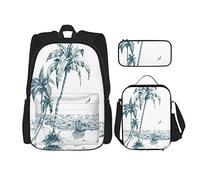 BAAROO Juego de 3 mochilas isla bosquejo arte de una playa tropical con palmeras barco de pesca pájaros voladores bolsa de viaje, color, 5.0cm*10.5cm*20.5cm, Estuche para lápices
