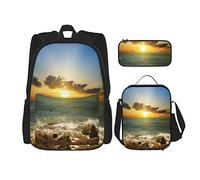 BAAROO Juego de 3 mochilas Ocean Beach Sunset Book Bag Travel Camping Work School Bag Pencil Case Lunch Bag Combinación para M, color, 5.0cm*10.5cm*20.5cm, Estuche para lápices