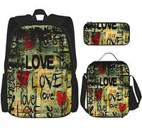 BAAROO Juego de 3 mochilas Street Art Graffiti Love rojo negro amor corazón forma escuela estuche estuche almuerzo combinación S, color, 5.0cm*10.5cm*20.5cm, Estuche para lápices