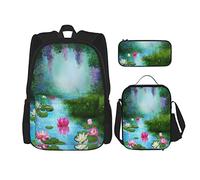 BAAROO Juego de 3 mochilasEstanque con nenúfares flotantes románticos cuentos de hadas de loto digital bolsa de libros de arte digital bolsa de viaje trabajo escuela B, color, 5.0cm*10.5cm*20.5cm,