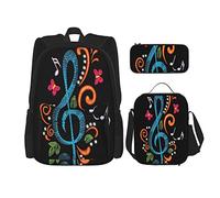 BAAROO Juego de 3 piezas Mochilas Music TIME Music Notes Book Bag Travel Camping Trabajo Escuela Estuche Lápiz Bolsa de Almuerzo Combinación F, color, 5.0cm*10.5cm*20.5cm, Estuche para lápices