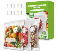 Babacom 30PCS Bolsas Vacio Alimentos Reutilizables para Envasadora al Vacío con Válvula de Aire y 10 Pinzas-Grande (30x 34cm), sin BPA,Mantienen Frescura para Congelador,Microondas y Cocción Sous Vide