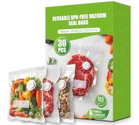 Babacom 30PCS Bolsas Vacio Alimentos Reutilizables para Envasadora al Vacío con Válvula de Aire y 10 Pinzas-Mediano (26x28cm), sin BPA,Mantienen Frescura para Congelador,Microondas y Cocción Sous Vide
