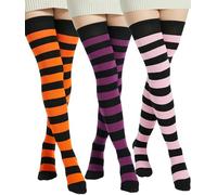 BABAHU Calcetines de algodón extra largos a rayas hasta el muslo para mujer, ZZ-02-Morado/Naranja/Rosa, Talla única