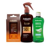 Babaria - Crema Solar Facial 50 Glow + Aftersun + Bronceador Cuerpo con Protector Solar SPF50 en Spray | Acelerador Bronceado | Apta Para Pieles Sensibles | Resistente al Agua