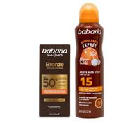Babaria - Crema Solar Facial 50 Glow + Bronceador Cuerpo con Protector Solar SPF15 en Bruma | Acelerador Bronceado | Apta Para Pieles Sensibles | Coral Friendly y Biodegradable | Resistente al Agua