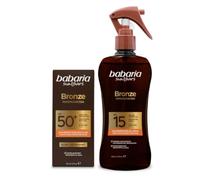 Babaria - Crema Solar Facial 50 Glow + Bronceador Cuerpo con Protector Solar SPF15 en Spray | Acelerador Bronceado | Apta Para Pieles Sensibles | Coral Friendly y Biodegradable | Resistente al Agua