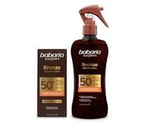 Babaria - Crema Solar Facial 50 Glow + Bronceador Cuerpo con Protector Solar SPF50 en Spray | Acelerador Bronceado | Apta Para Pieles Sensibles | Coral Friendly y Biodegradable | Resistente al Agua