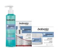 Babaria - Gel Limpiador + Crema y Serum Ácido Hialurónico | Hidratante Facial| Aumenta Elasticidad | Reduce Arrugas y Antiedad | Textura Ligera | Vegano | Todo Tipo de Pieles