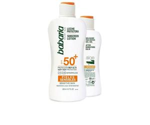Babaria Protector Solar Lote Piel Sensible SPF50+ Leche 200ml + Aftersun 100ml - Protección Muy Alta UVA/UVB y Resistente al Agua
