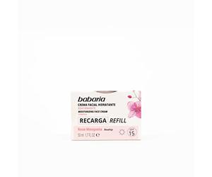 Babaria - Refill Crema Facial Hidratante Reafirmante de Rosa Mosqueta, Mantiene la Hidratación y Elasticidad, SPF 15, 71% de Ingredientes de Origen Natural, 100% Vegano - 50 ml