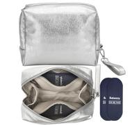 Babeezy Bolsa de maquillaje aislada para mujer con 2 bolsas de hielo, resistente al calor, bolsa de cosméticos y artículos de aseo de viaje de cuero vegano, Plateado, Medium
