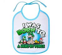 Babero I was born to be a hero by force parodia para gamers retro amigo del fontanero de aventuras - Celeste