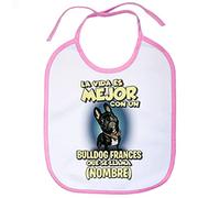 Babero la vida es mejor con un perro raza Bulldog francés negro que se llama personalizable con nombre - Rosa