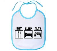 Babero para gamers viciados de los videojuegos con frase Eat Sleep Play - Celeste