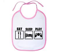 Babero para gamers viciados de los videojuegos con frase Eat Sleep Play - Rosa
