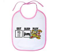 Babero para gamers viciados de los videojuegos de lucha y shooters con frase Eat Sleep Play - Rosa