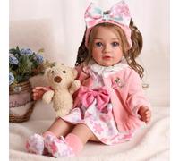BABESIDE Muñeca Reborn Realista - 20 Pulgadas Bebé Reborn Niña con Ojos Azules & Rizos Castaños, Cuerpo de Tela Suave, Conjunto & Accesorios para Niñas Desde 3 Años