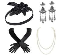 BABEYOND 1920 Flapper Accesorios Años 20 Disfraz Gatsby Conjunto de Flapper Acessorios (Diadema Collar de Perlas Guantes Boquilla) (Set-1)