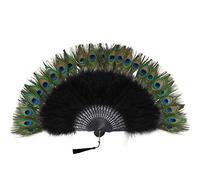 BABEYOND Abanico plegable de mano de plumas de pavo real y marabú de los años 20, abanico de mano plegable para disfraz de fiesta vintage (costilla negra 1)