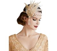 BABEYOND Anillo de la Flapper de los años 20 Anillo de la pluma Gran venda de Gatsby Accesorios de la aleta de los años 20 Desfile del art déco Partido temático (Oro y Pluma de Champagne)