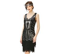BABEYOND Años 20 Estilo Vintaje Vestido con Cuello en V Gatsby Disfraz Vestido con Flecos de Lentejuelas (Negro, XS)