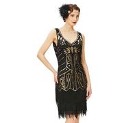 BABEYOND Años 20 Estilo Vintaje Vestido con Cuello en V Gatsby Disfraz Vestido con Flecos de Lentejuelas (Oro Negro, XXXL)