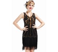 BABEYOND Años 20 Estilo Vintaje Vestido con Cuello en V Gatsby Disfraz Vestido con Flecos de Lentejuelas (Oro Negro, XS)