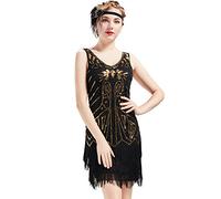 BABEYOND Años 20 Estilo Vintaje Vestido con Cuello en V Gatsby Disfraz Vestido con Flecos de Lentejuelas (Oro Negro, L)
