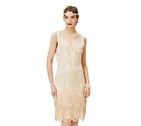 BABEYOND Años 20 Estilo Vintaje Vestido con Cuello en V Gatsby Disfraz Vestido con Flecos de Lentejuelas (Beige, M)