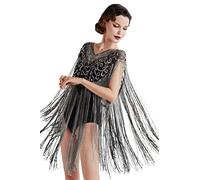 BABEYOND - Chal largo para mujer, de los años 20, con flecos, lentejuelas y cuentas, de noche, de fiesta, Negro-Plata, Talla única