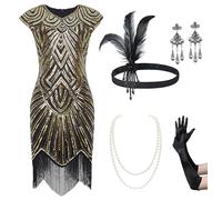 BABEYOND Conjunto de Vestidos Flapper de los años 20, Vestido del Gran Gatsby de los años 20, Vestido con Flecos y Accesorios, Juego - Oro Negro, Large