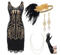 BABEYOND Conjunto de Vestidos Flapper para Mujer de los años 20, Cuello en V, con Cuentas, Flecos, Vestido de Gran Gatsby con Accesorios, Juego 2 - Goldblack, Large