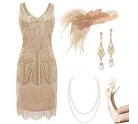 BABEYOND Conjunto de Vestidos Flapper para Mujer de los años 20, Cuello en V, con Cuentas, Flecos, Vestido de Gran Gatsby con Accesorios, Juego - Oro champán, S