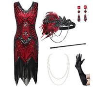 BABEYOND Conjunto de Vestidos Flapper para Mujer de los años 20, Cuello en V, Vestido de Gran Gatsby con Accesorios, Juego: Rojo, XS
