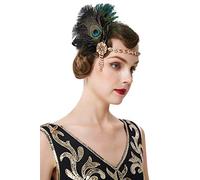 Babeyond Diadema de los años 20 con plumas de pavo real para mujer, estilo años 20, charlestón, para disfraz de Gran Gatsby, color negro y dorado