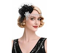 BABEYOND Diadema de plumas de los años 20, diadema de diamantes de imitación de Gatsby con clip para el pelo, accesorio de fiesta vintage Art Deco (negro)