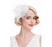 BABEYOND Diadema de plumas estilo años 20, con diamantes de imitación y clip para el pelo, accesorio vintage Art Deco para fiestas (blanco)