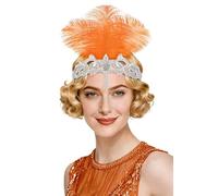 BABEYOND Diadema elástica de los años 20, con diamantes de imitación y plumas, para fiestas, bodas, carnaval, color naranja
