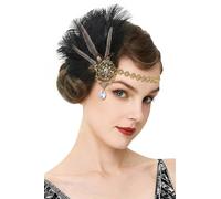 BABEYOND Diadema elástica de plumas estilo años 20 para mujer, con diamantes de imitación de Gran Gatsby, accesorio para el cabello vintage hecho a mano (negro)