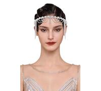 BABEYOND Diadema estilo años 20 para mujer, diadema vintage Gatsby con perlas, cadenas de metal y cinta larga de satén, accesorios para el cabello para novia, bodas, fiestas y looks vintage, color