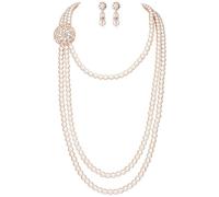 BABEYOND Juego de joyas vintage de perlas largas, estilo años 20, collar con broche y pendientes, adecuado para bodas, bailes, fiestas y ocasiones festivas, Zinc
