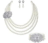 BABEYOND Pearl Juego de Collar Pulsera y Pendientes con Cristal Broche de Novia Pearl joyería Conjuntos para Las Mujeres 4 Strands Boda Perlas